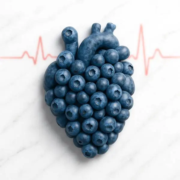 Myrtilles formant la silhouette d’un cœur avec un tracé ECG en arrière‑plan