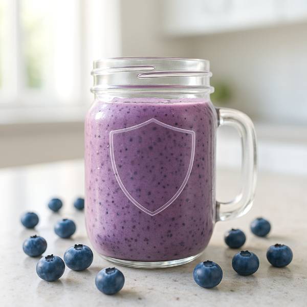 Smoothie aux myrtilles avec icône bouclier symbolisant l’immunité