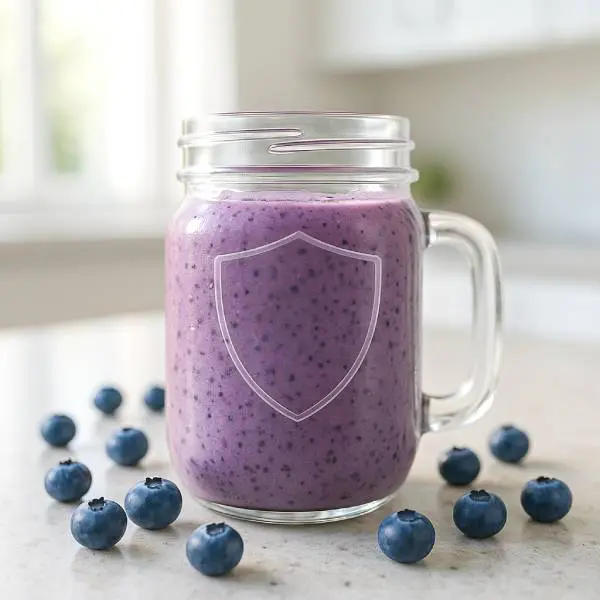 Smoothie aux myrtilles avec icône bouclier symbolisant l’immunité