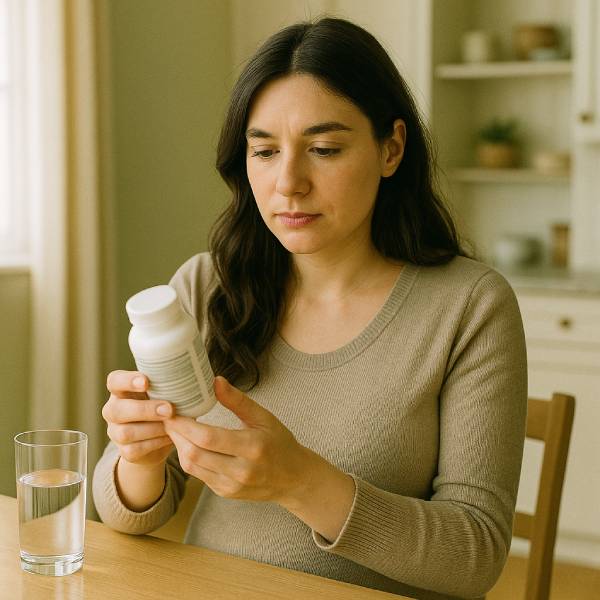 Femme enceinte lisant attentivement l’étiquette d’un complément alimentaire de chlorophylle.