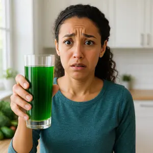 Jeune femme souriante tenant un verre de boisson à la chlorophylle dans une cuisine lumineuse.