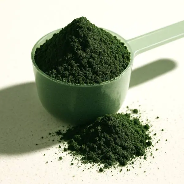 Cuillère doseuse débordant de poudre de chlorophylle sur un plan de travail.