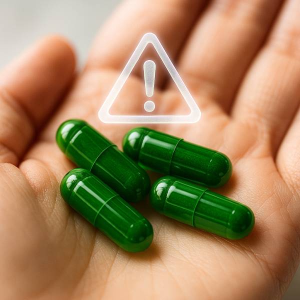 Main tenant des capsules de chlorophylle vert vif avec un léger symbole d’avertissement.