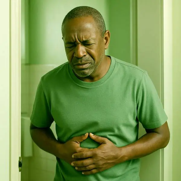 Homme se tenant le ventre de douleur, visage crispé.
