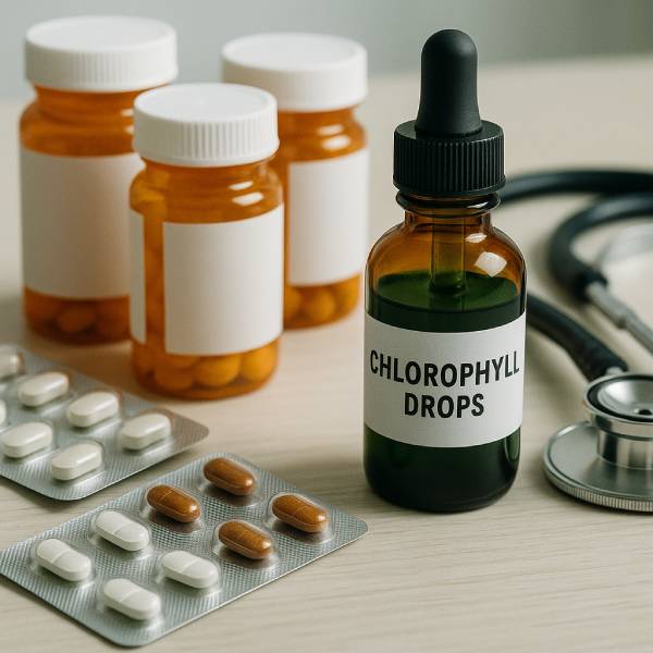 Médicaments prescrits à côté d’un flacon de gouttes de chlorophylle.