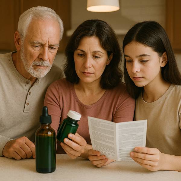 Famille de trois générations examinant un flacon de supplément de chlorophylle.