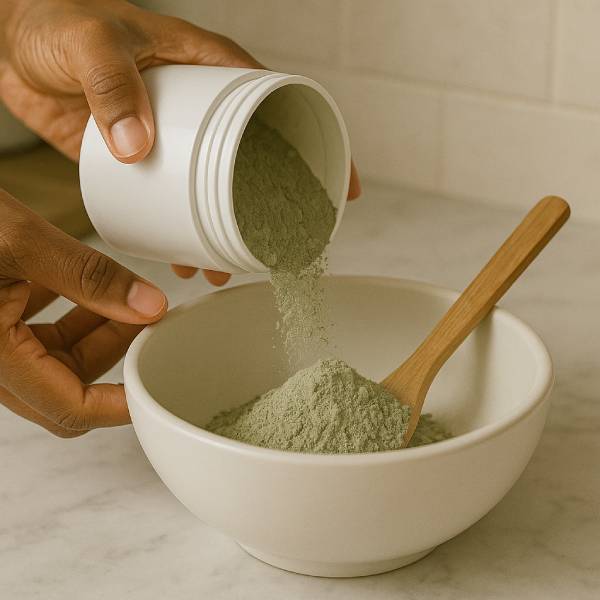 Préparation d’un masque à l’argile verte dans un bol