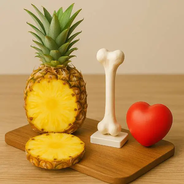 Ananas posé à côté d’un modèle d’os et d’un cœur