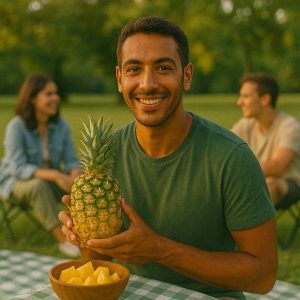 Jeune homme souriant tenant un ananas frais dans ses mains