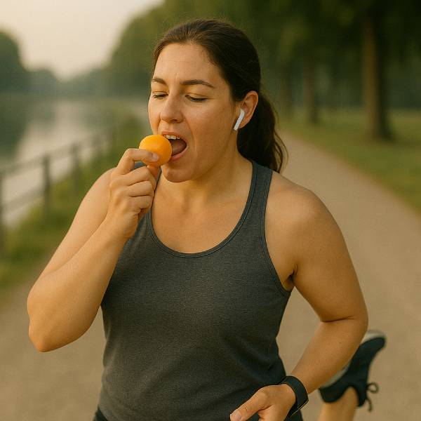 Coureuse dégustant un abricot riche en potassium après l’entraînement