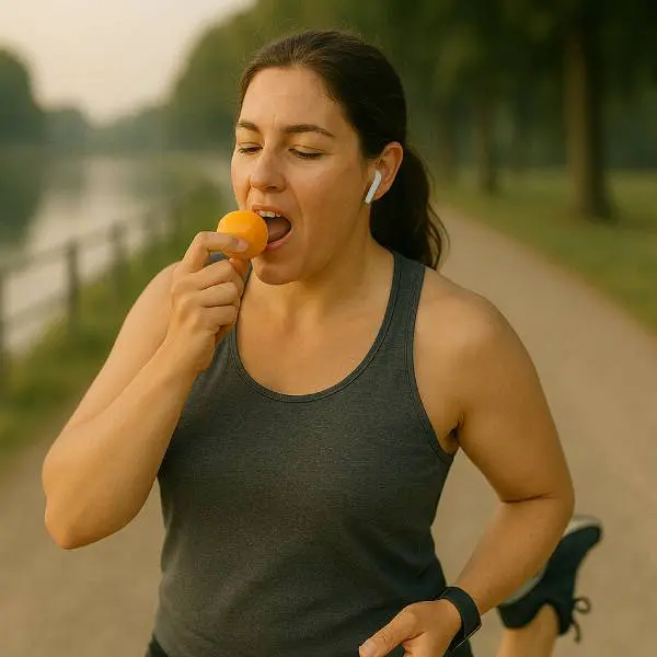 Coureuse dégustant un abricot riche en potassium après l’entraînement