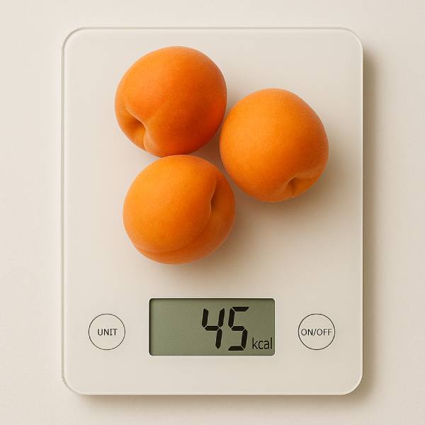 Balance de cuisine indiquant les calories légères de trois abricots