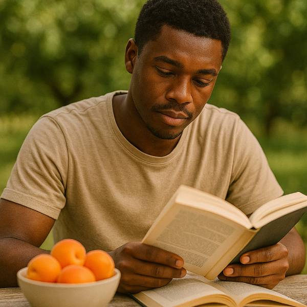 Lecture en plein air avec un bol d’abricots favorisant la santé des yeux