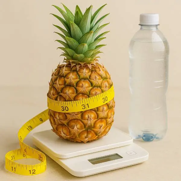 Ananas sur balance de cuisine entouré d’un mètre ruban