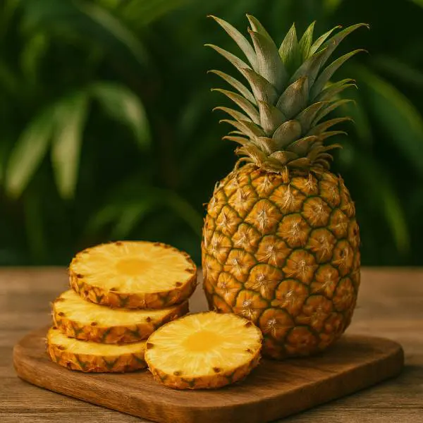 Ananas entier et tranches appétissantes sur planche en bois
