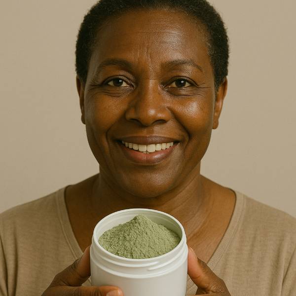 Femme mature présentant un pot d’argile verte, peau visiblement lissée