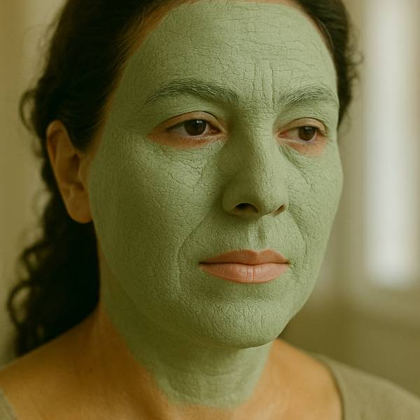 Masque d'argile verte sur visage de femme.