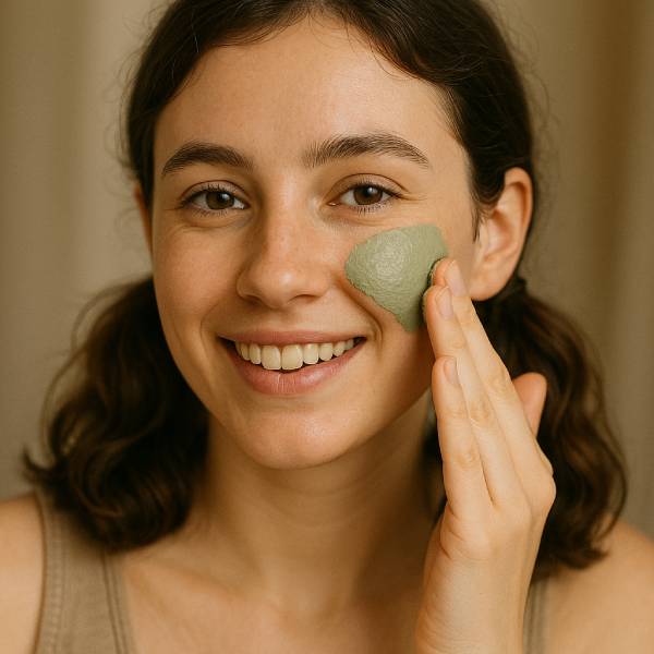 Femme appliquant un masque d’argile verte sur son visage