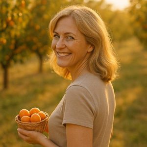 Femme heureuse tenant un panier d’abricots mûrs dans un verger ensoleillé