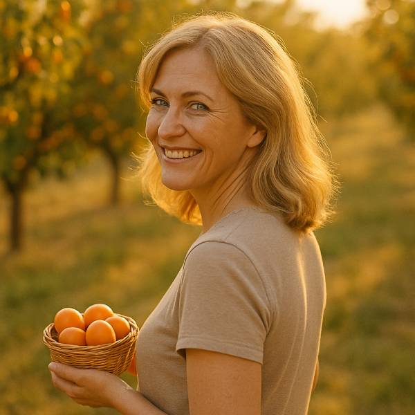 Femme heureuse tenant un panier d’abricots mûrs dans un verger ensoleillé