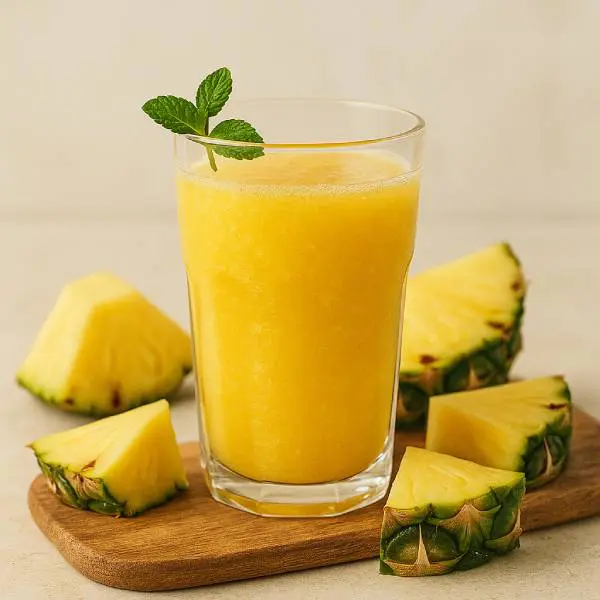Verre de jus d’ananas frais posé à côté de morceaux de fruit