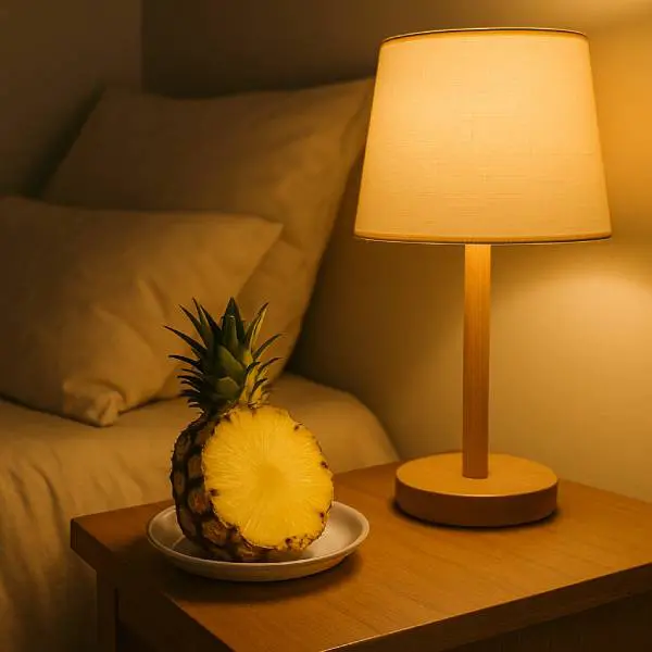 Ananas sur table de nuit dans une chambre à la lumière tamisée