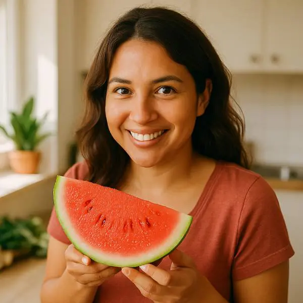 Jeune femme souriante tenant une tranche de pastèque dans une cuisine ensoleillée