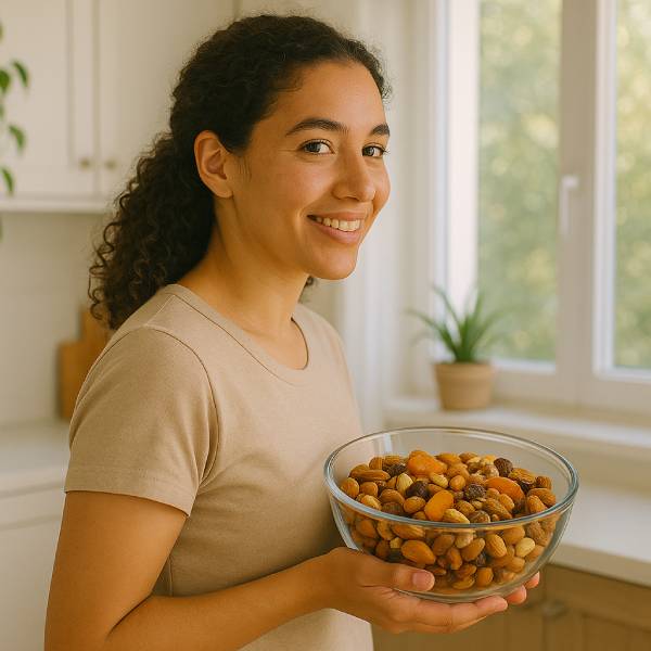 Jeune femme souriante présentant un bol de fruits secs variés dans une cuisine moderne