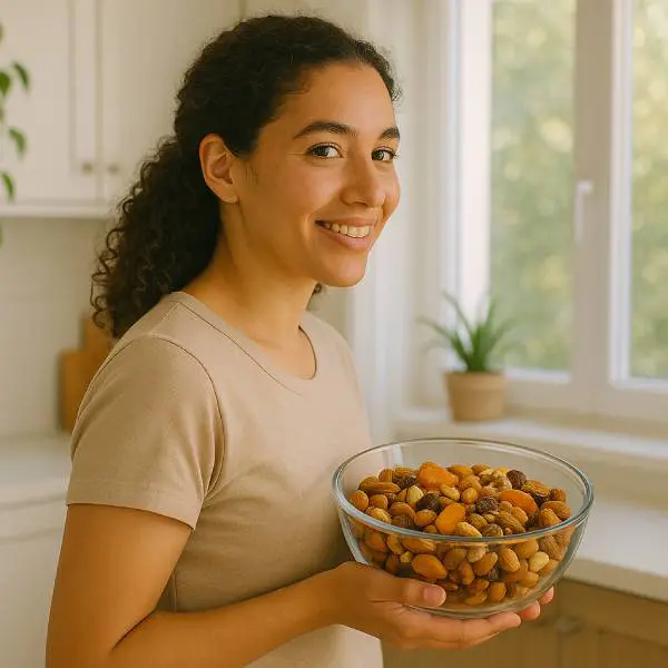 Jeune femme souriante présentant un bol de fruits secs variés dans une cuisine moderne