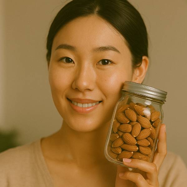 Jeune femme au teint lumineux tenant un bocal d’amandes