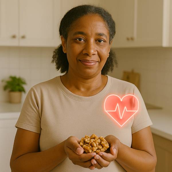 Femme de 45 ans tenant des noix avec une icône de cœur symbolisant la santé cardiovasculaire