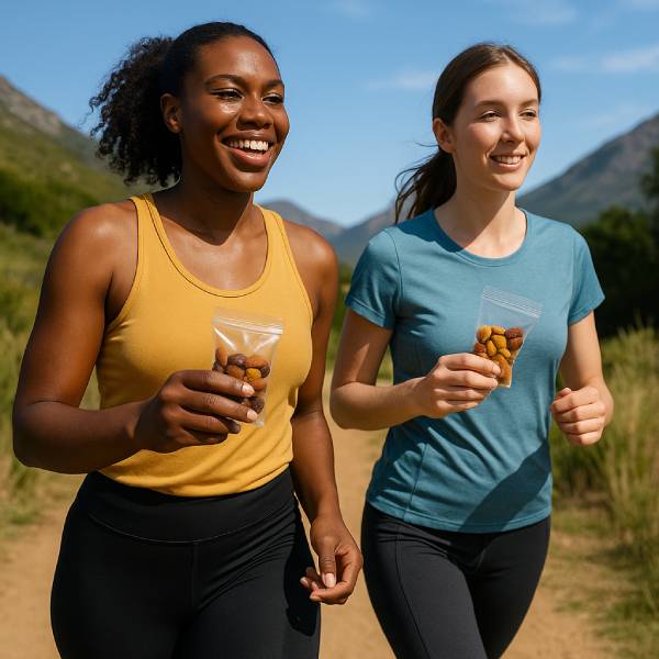Deux jeunes femmes sportives en pleine course emportant un sachet de fruits secs pour l’énergie
