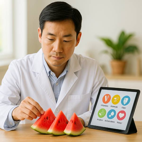 Docteur nutritionniste analysant des morceaux de pastèque et leur profil nutritionnel