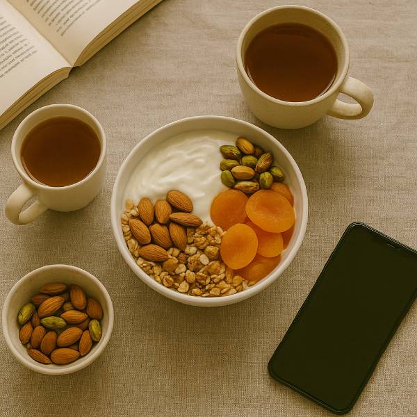 Vue de dessus d’un petit‑déjeuner équilibré agrémenté de fruits secs