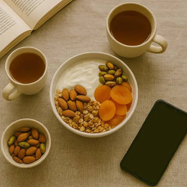 Vue de dessus d’un petit‑déjeuner équilibré agrémenté de fruits secs