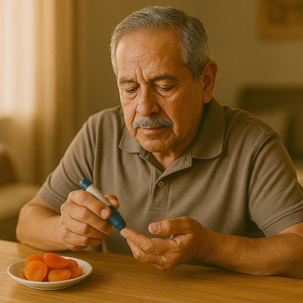 Homme senior mesurant sa glycémie près d’une assiette d’abricots secs