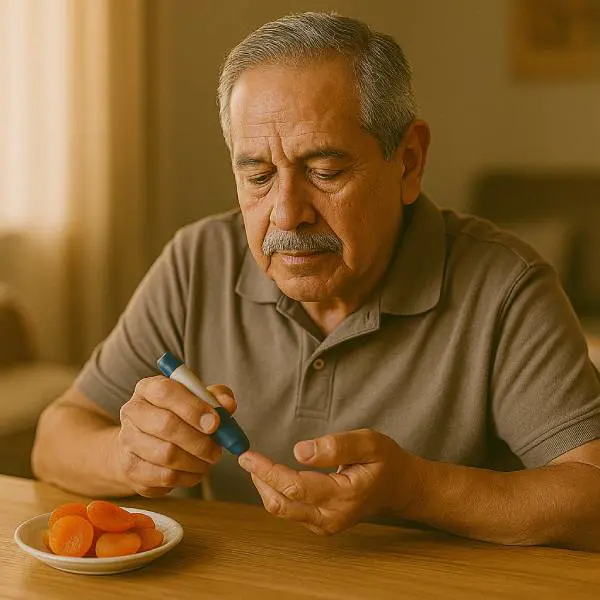 Homme senior mesurant sa glycémie près d’une assiette d’abricots secs
