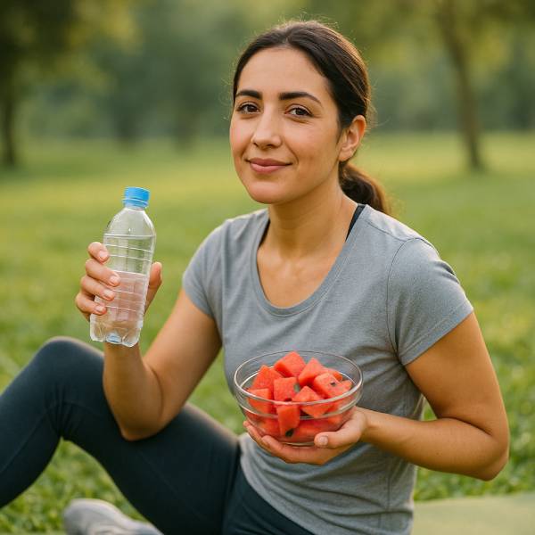 Femme en tenue de yoga dégustant des dés de pastèque après l’entraînement