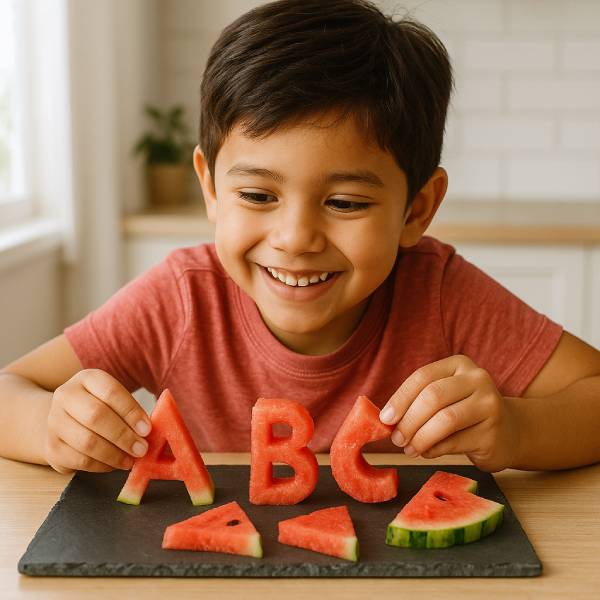 Enfant disposant des tranches de pastèque pour illustrer les vitamines A, B6 et C