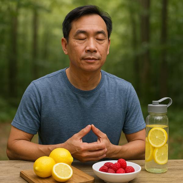 Un homme dans un parc médite et se prépare à profiter des bienfaits des citrons.