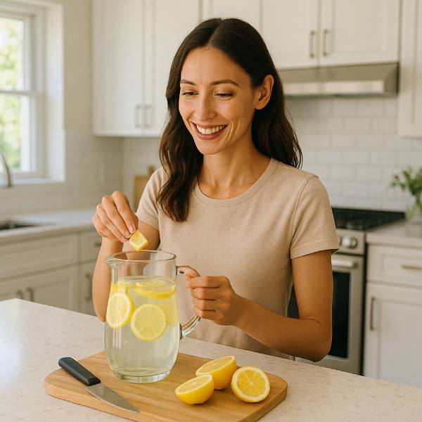 Une femme prépare une limonade maison au citron.
