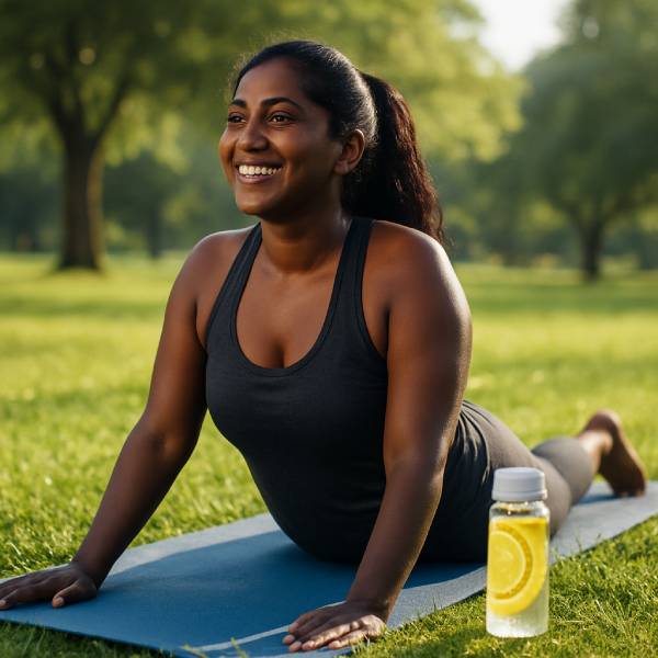 Une femme dans un parc pratique le yoga et profite des bienfaits du citron.