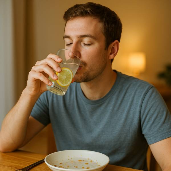 Un jeune homme boit un verre d'eau citronnée.