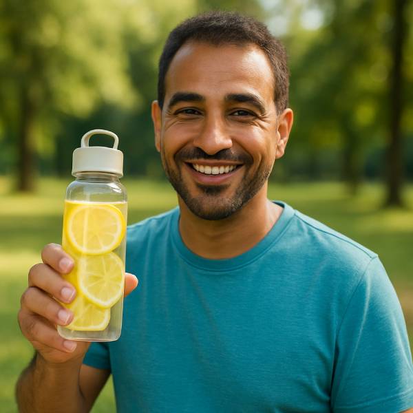 Un homme souriant dans un parc avec une gourde d'eau au citron.
