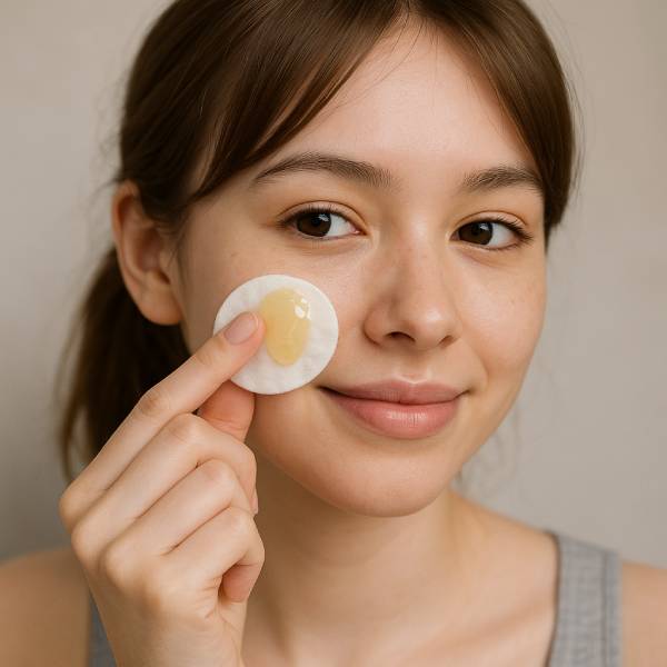 Une jeune fille utilise un serum à base de citron pour la peau.