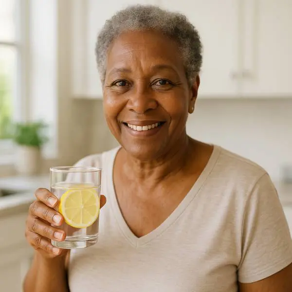 Une femme d'âge mûr dans sa cuisine tient un verre d'eau citronné pour profiter des bienfaits du citron.