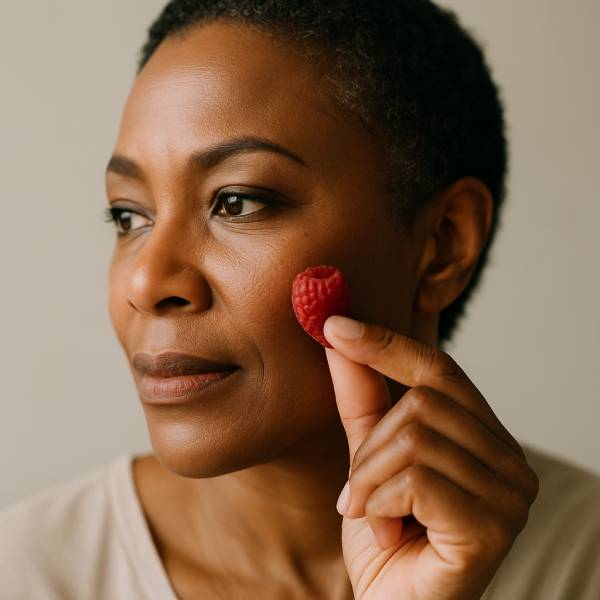 Femme d’âge mûr tenant une framboise comme un bouclier protecteur.