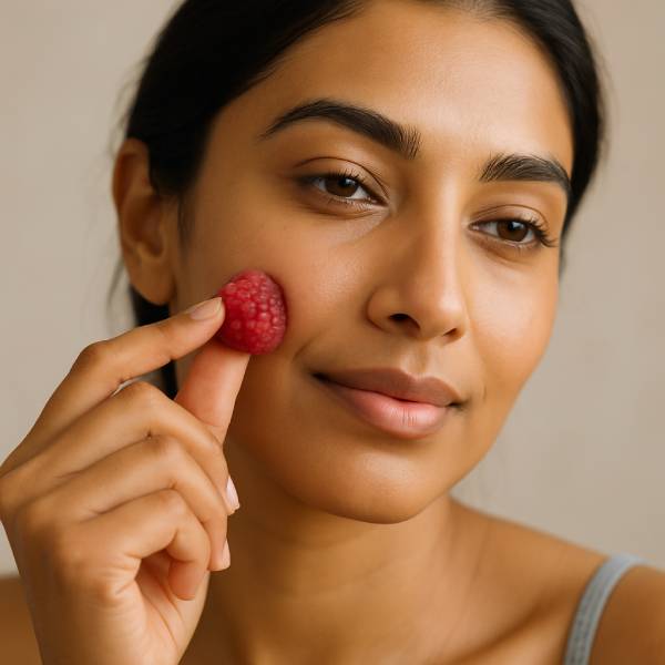 Jeune femme appliquant une framboise sur sa joue pour sublimer sa peau.