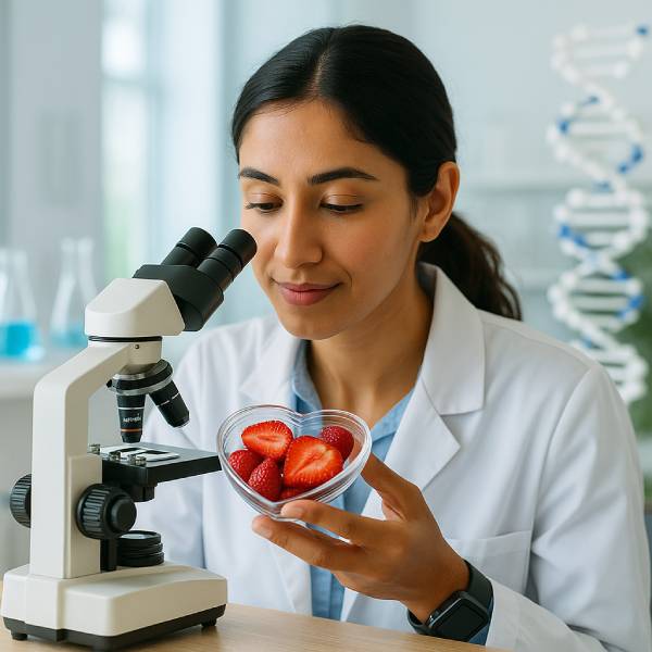 Chercheuse analysant des tranches de fraise dans un laboratoire