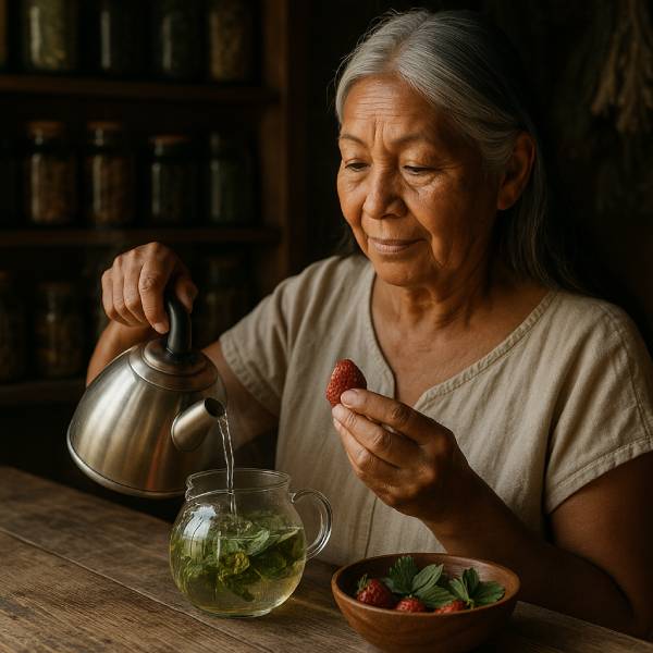 Naturopathe herboriste préparant une infusion de feuilles de fraisier dans son atelier